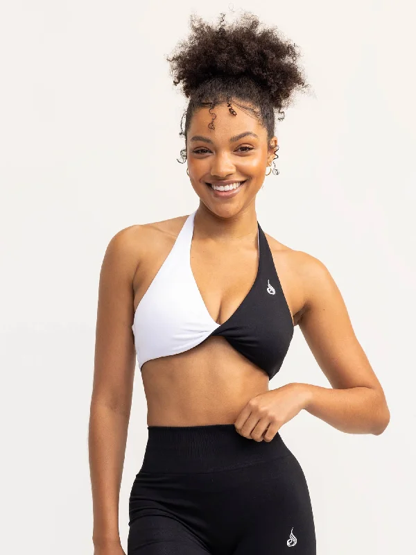 Duo Halter Twist Sports Bra - Black/White Comfortable Bralette Style