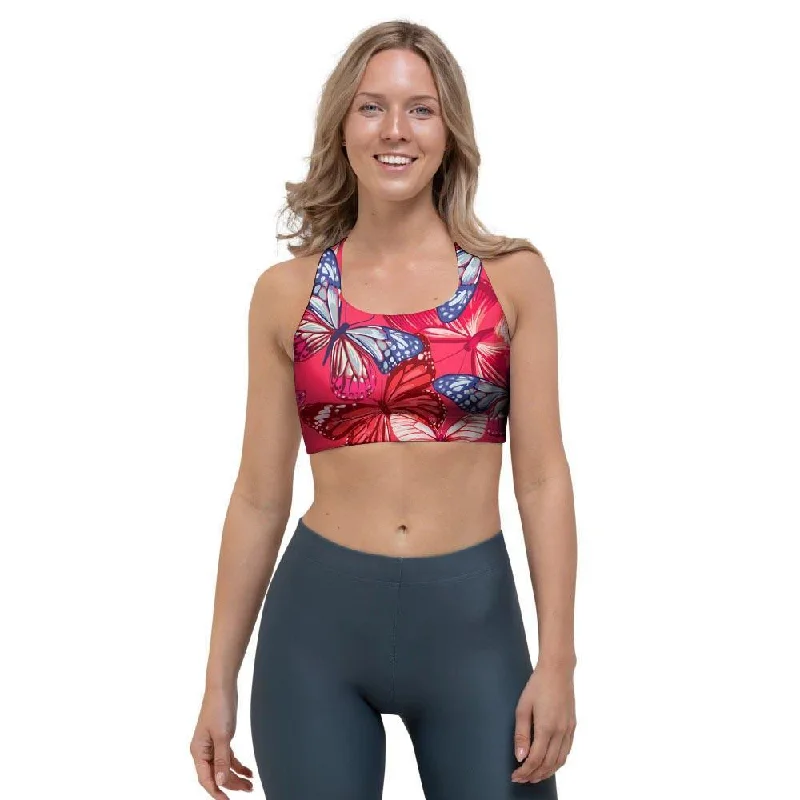 Red and Blue Butterfly Print Sports Bra Soft Padded Bralette