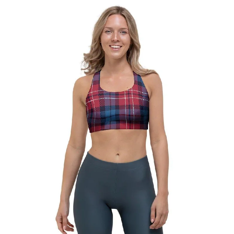 Red And Blue Plaid Tartan Sports Bra Contour Bra Style