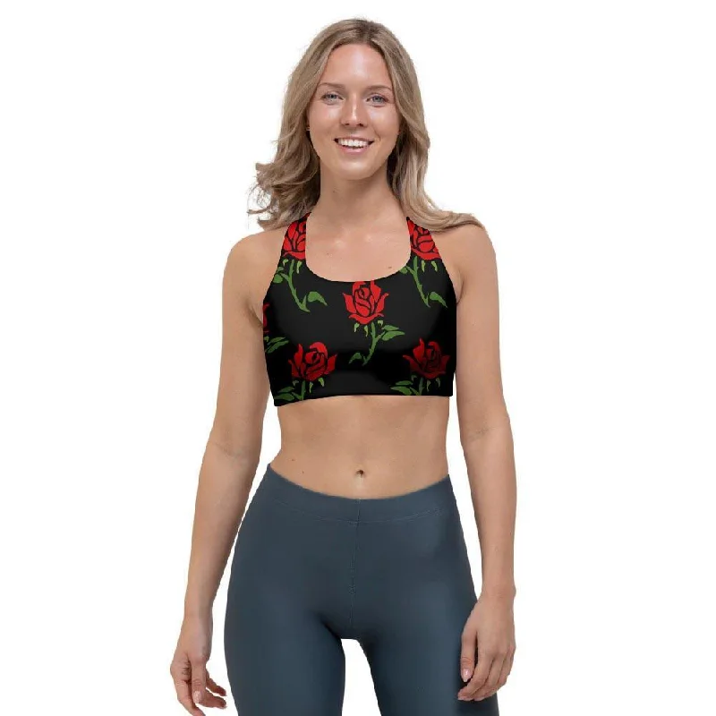 Red Doodle Rose Floral Sports Bra Elegant Lace Bralette