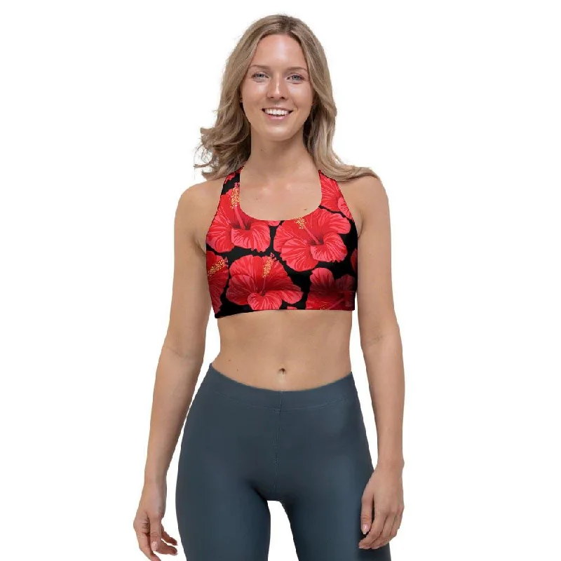 Red Hibiscus Flower Hawaiian Print Sports Bra Stretchy Wireless Bra