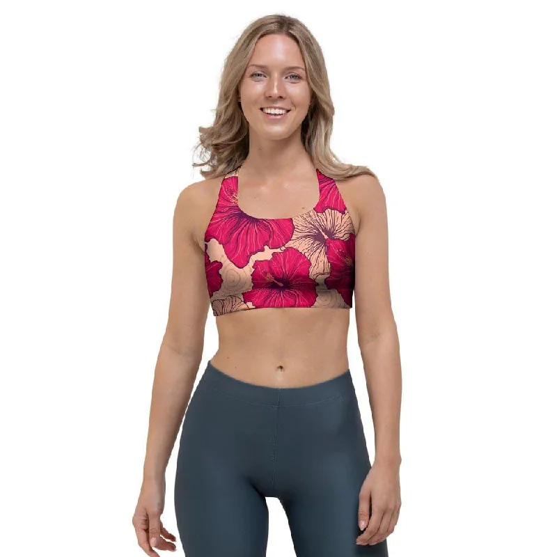 Red Hibiscus Flower Print Sports Bra Light Seamless Bra