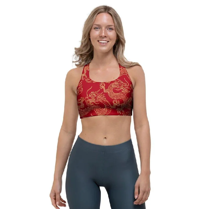 Red Oriental Chinese Dragon Sports Bra High Support Bra