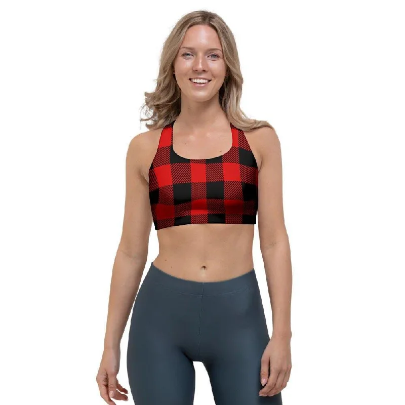 Red Plaid Sports Bra Fashionable Push-Up Bra