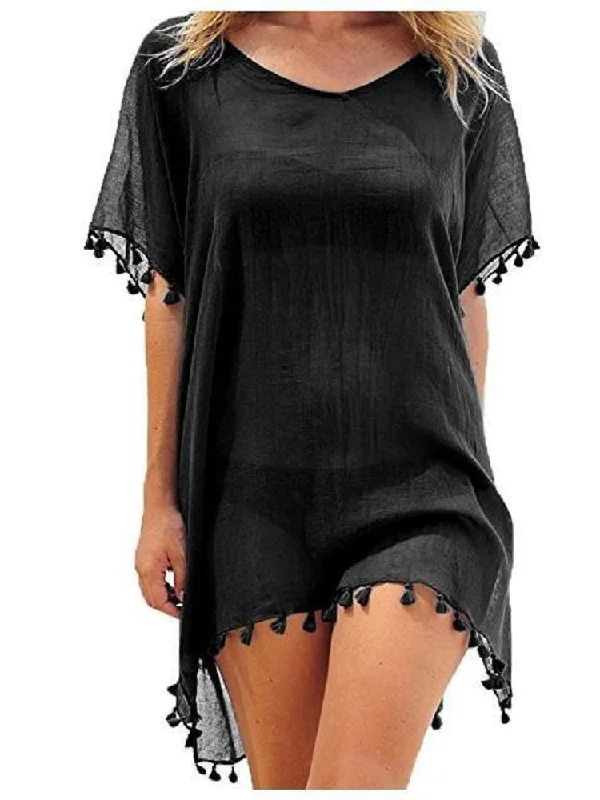 Women Chiffon Tassels Mini Beach Wear and Swimsuit Cover Up Dress Sexy Swimwear Set