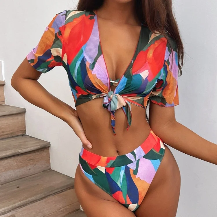 3 in 1 Square Print Bikini Ladies Split Swimsuit Set with Short Top (Color:Red Size:L) Classic Swimsuit Design