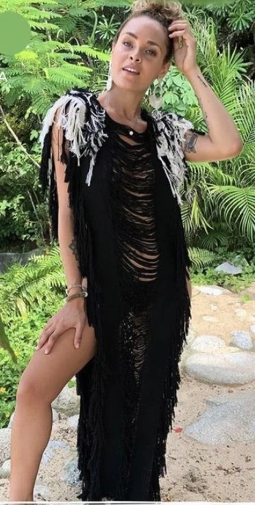 Handmade Frayed Maxi Beach Dress ANNA BARBAS Swim Cover Up, more colors Sleek Racerback Swimsuit