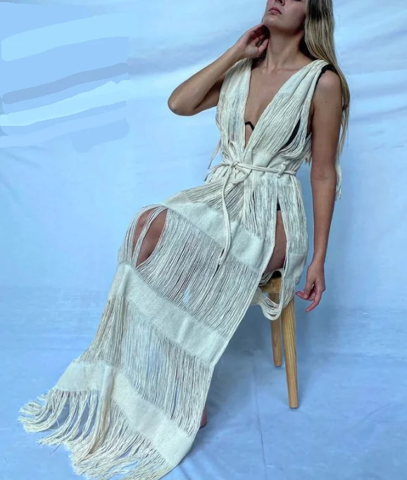 Handmade Frayed Maxi Beach Dress CABO, Swim cover-up V-Neck Swim Dress