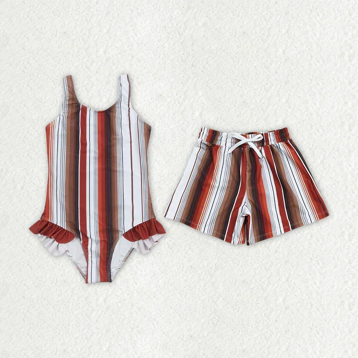 RTS Baby Girls Boys Brown Stripes Western Summer Trunk Swimsuits Plunge Back Swimsuit