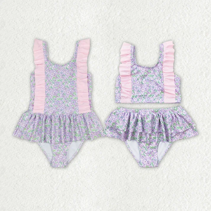 RTS Baby Girls Summer Lavender Flowers Sibling Sister Swimsuits Modern High-Waisted Swimsuit