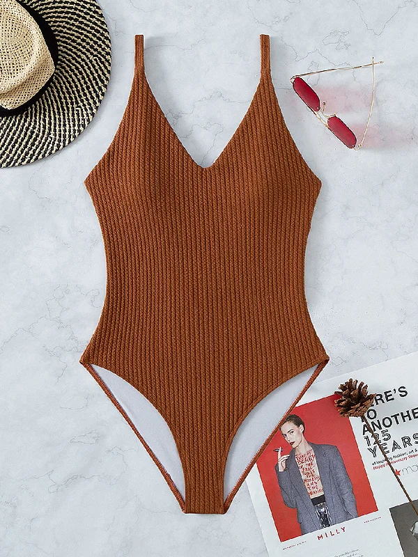 Solid Color Brown Sexy Women'S One-Piece Swimsuit Elegant Ruffled Bikini