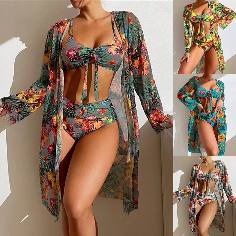 Women Fashion Floral Printing Bikini Mesh Cover-Up Three-Piece Bikini Swimwear Set Vibrant Bikini Bottoms