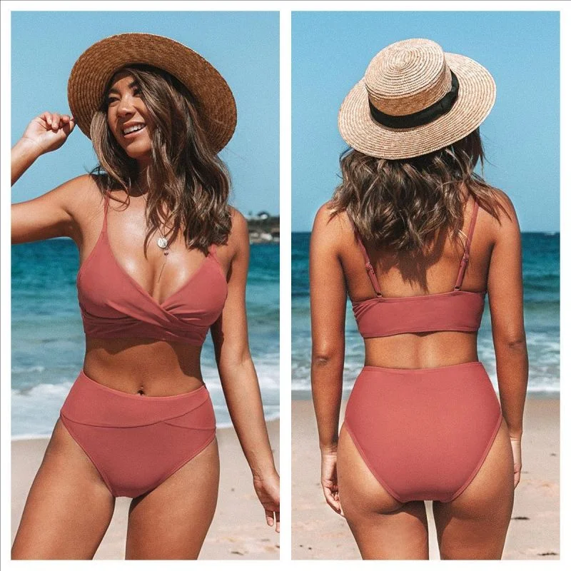 Women Fashion Solid Color Cross Two-Piece Swimsuit Fun Pattern Swimsuit