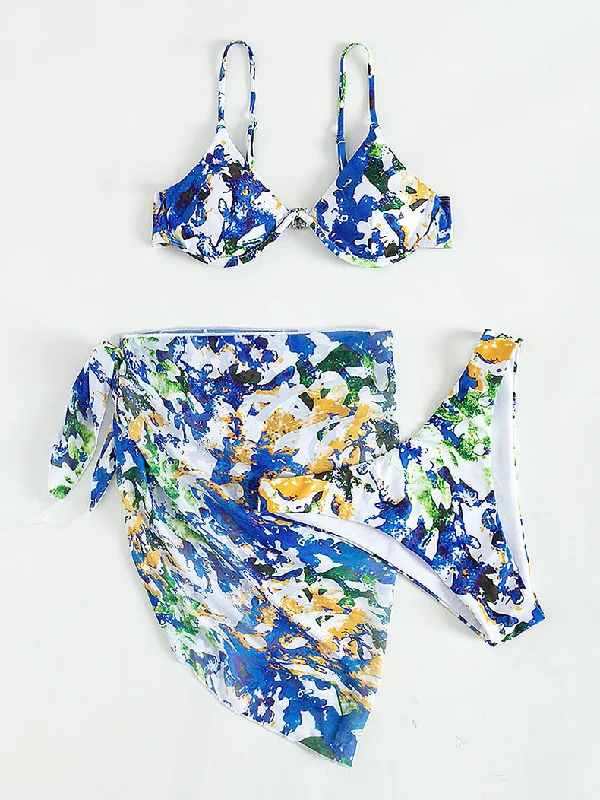 Women Sexy Printing High Waist Swimsuit Bikini Coverup Three-Piece Set Floral Swimwear Set