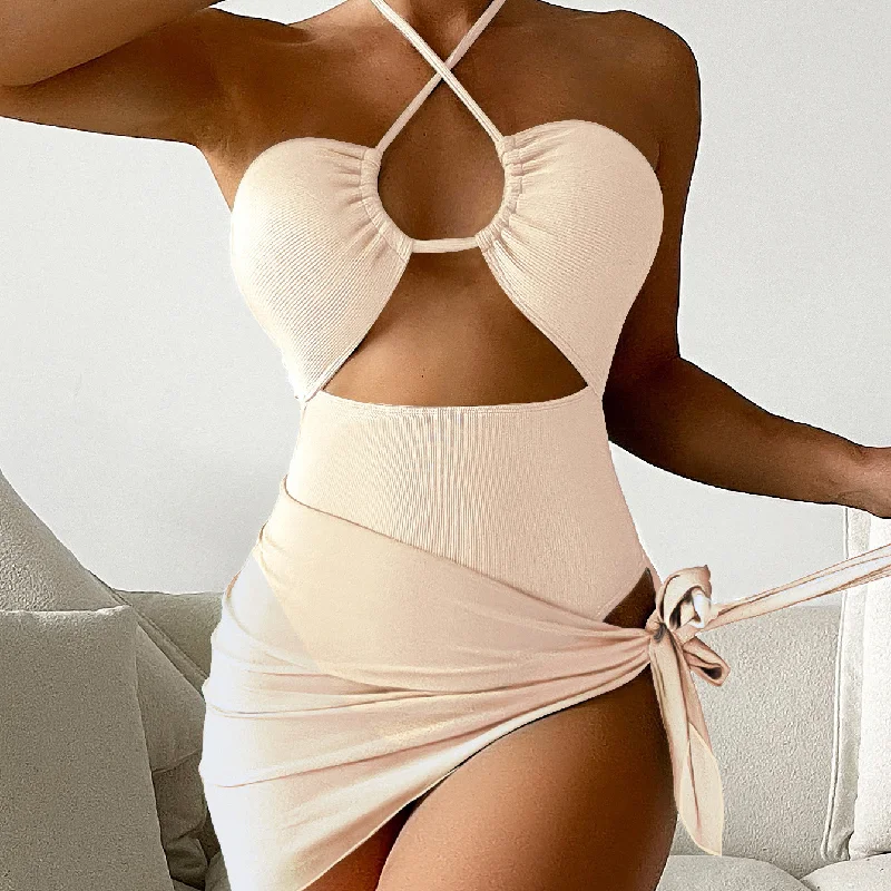 Women Sexy Pure Color Mesh Halter One-Piece Swimsuit Set Soft Beachwear Set