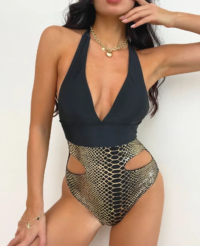 Women Sexy V-Neck Backless Graphic Printing Halter Neck One-Piece Swimsuit Monokini Swimsuit Design