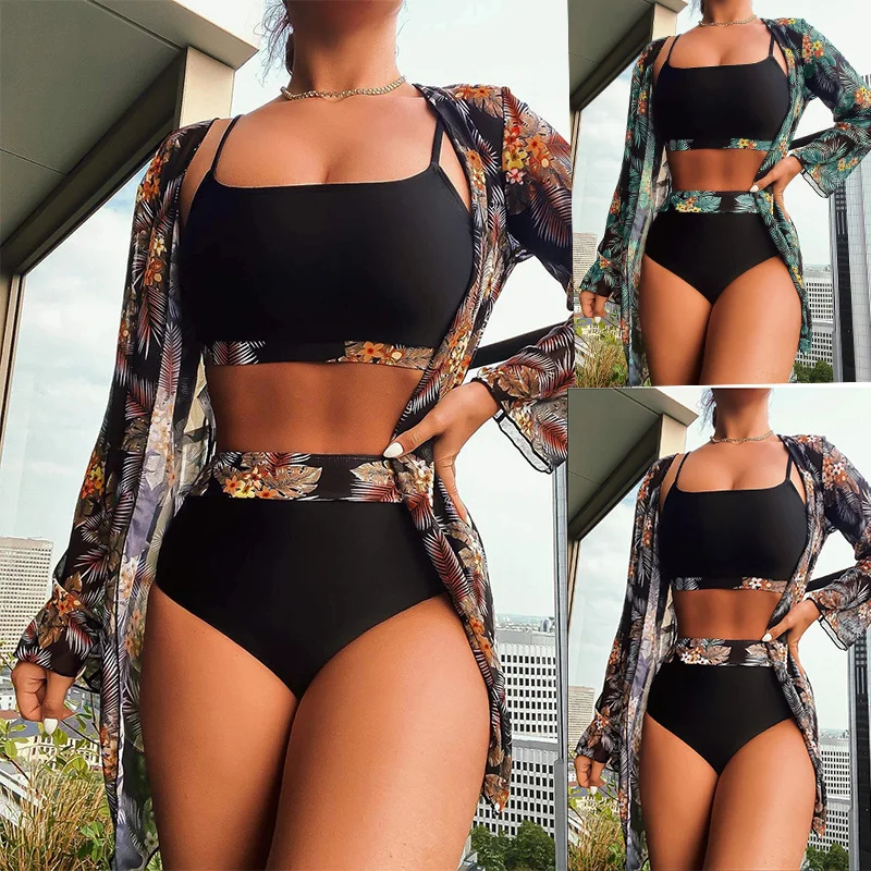 Women Summer Vacation Sexy Leaf Floral Printed Swimsuit Three-Piece Set Push-Up Bikini Top