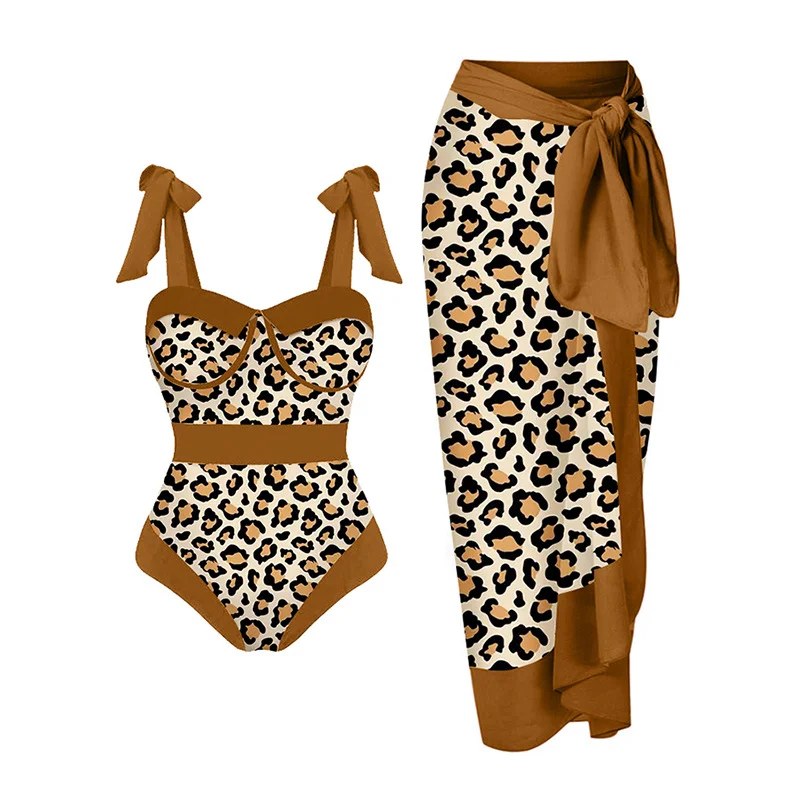 Women'S Fashion High Waist Vacation Leopard Print Sexy One Piece Swimsuit Strap Bikini Set