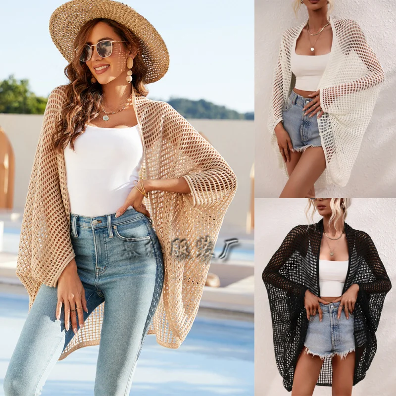 Women'S Fashion Hollow Knitted Loose Swimsuit Cover-Ups Mesh Panel Swimwear