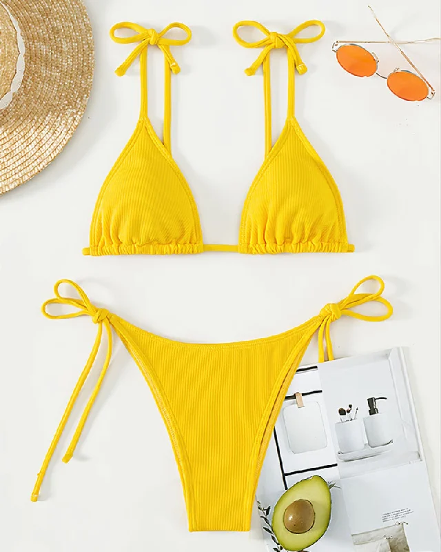 Women'S Sexy Backless Solid Color Lace-Up Triangle Cup Beach Swimsuit Two-Piece Set Ruched Swimwear Set