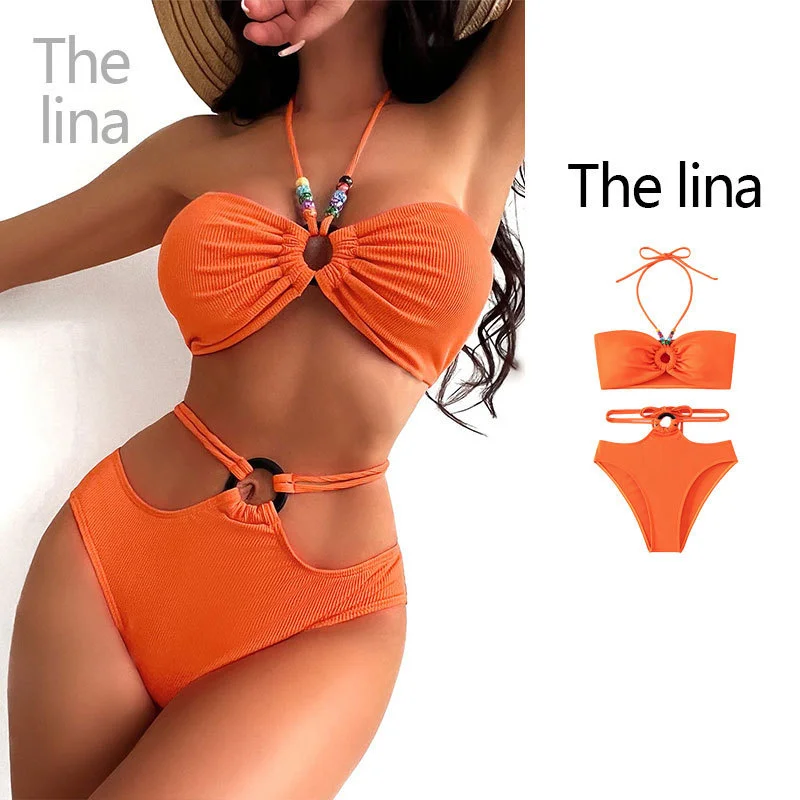 Women'S Sexy Small Chest Push Up Halter Neck Swimsuit Two-Piece Set Elegant Swimsuit Bottoms