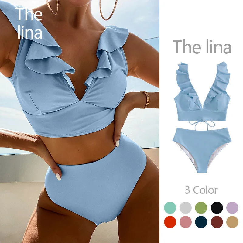 Women'S Sexy Solid Color Pleated Lace Double Strap Button Up Swimsuit Two-Piece Set Plus-Size Bikini Set