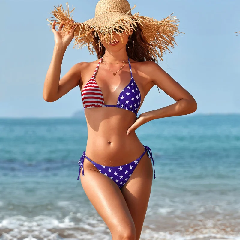 Women'S Sexy Summer Vacation Star Stripe Flag 3d Print Swimsuit Two-Piece Bikini Set Ruffled Swimsuit Top