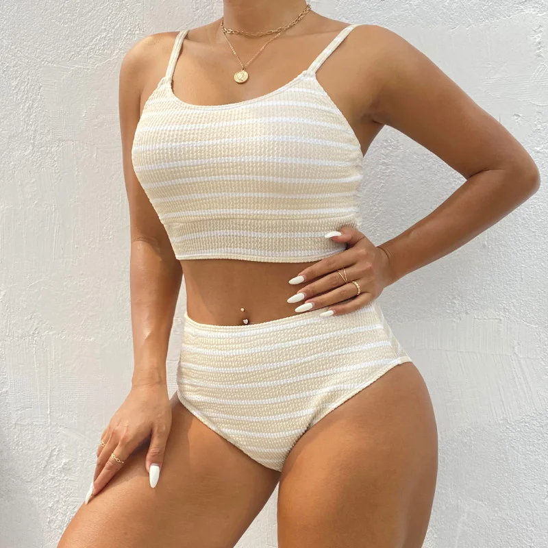 Women'S Simple Stripe Backless Swimsuit Two-Piece Set Elegant Swim Dress