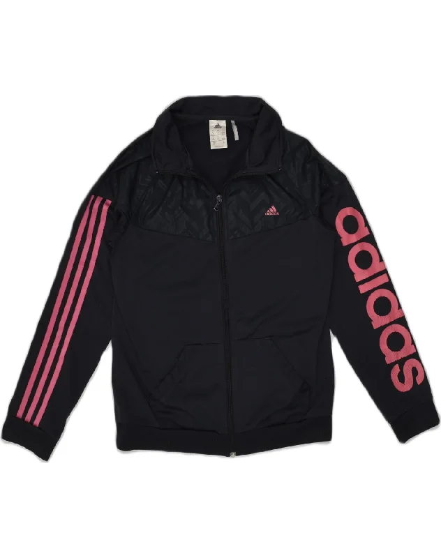 ADIDAS Womens Graphic Tracksuit Top Jacket UK 8-10 Small Black Polyester Cardigan Sweater Pullover