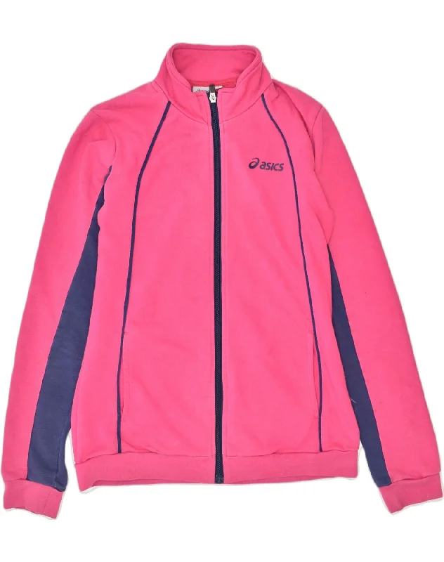 ASICS Womens Tracksuit Top Jacket UK 12 Medium Pink Cotton Welt Pockets Slit Pockets Flap Pockets