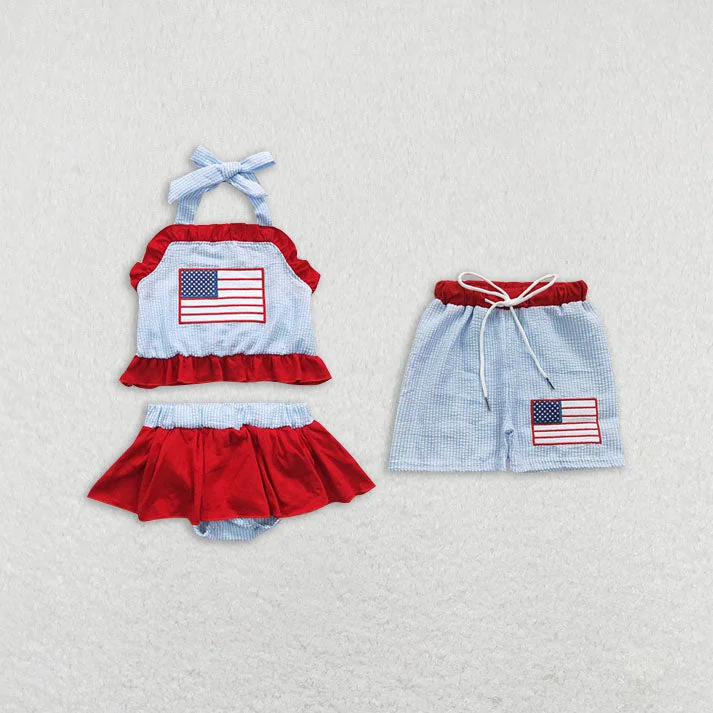 Baby Girls boys small flag print red and blue boys and girls swimsuit set Family siblings set Classic Monokini Design