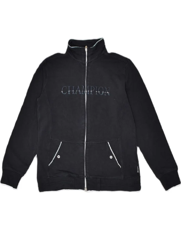 CHAMPION Womens Graphic Tracksuit Top Jacket UK 10 Small Black Cotton Stand-Up Collar Roll-Neck Collar Turtle Neck