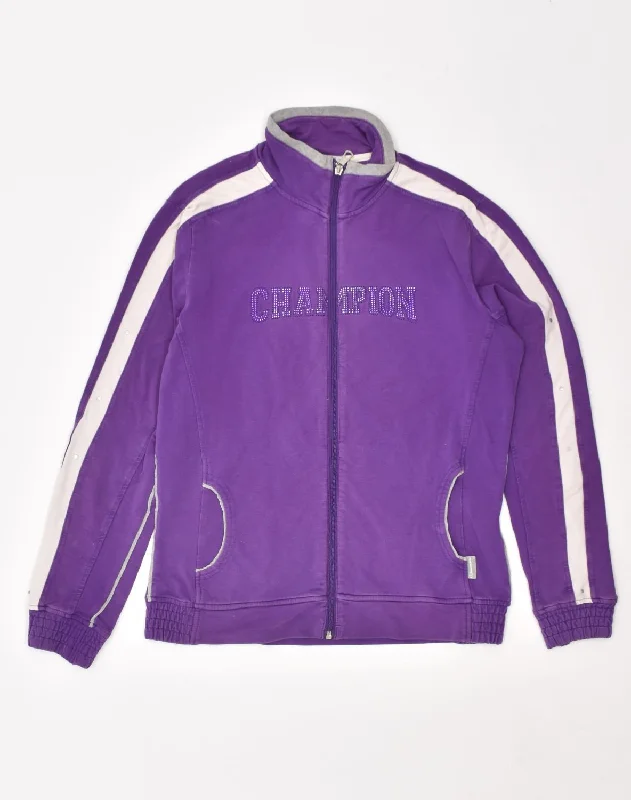 CHAMPION Womens Heritage Fit Tracksuit Top Jacket UK 14 Large Purple Cotton Fabric Linen Fabric Terry Fabric