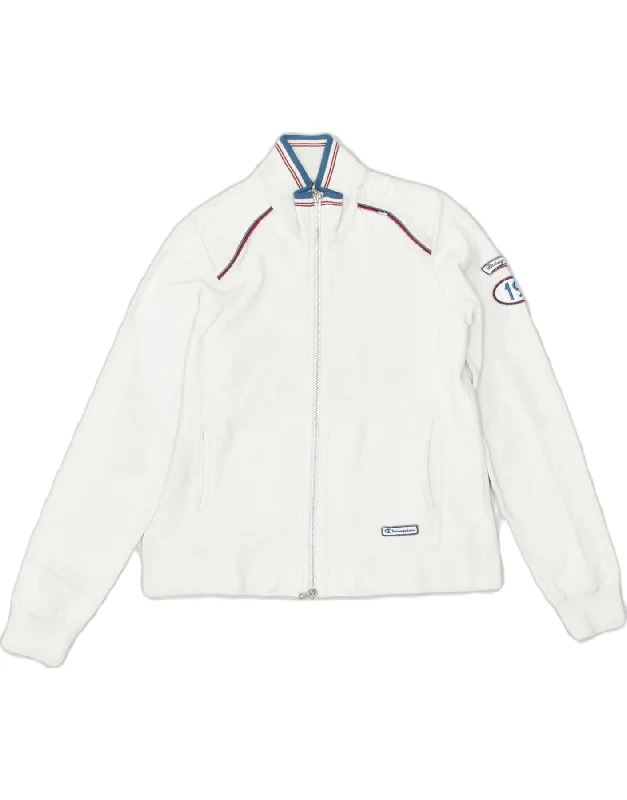 CHAMPION Womens Tracksuit Top Jacket UK 14 Large White Cotton Sports Collared Jacket Crew Neck Jacket Turtle Neck Jacket