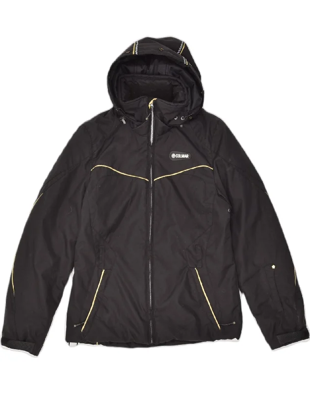 COLMAR Womens Hooded Ski Jacket IT 42 Medium Black Welt Pockets Slit Pockets Flap Pockets