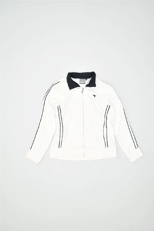 DIADORA Womens Tracksuit Top Jacket UK 10 Small White Cotton Snapped Jacket Toggled Jacket Drawstring Jacket