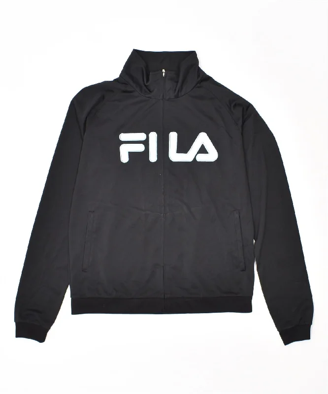 FILA Womens Graphic Tracksuit Top Jacket UK 12 Medium Black Polyester Knit Fabric Woven Fabric Fleece Fabric