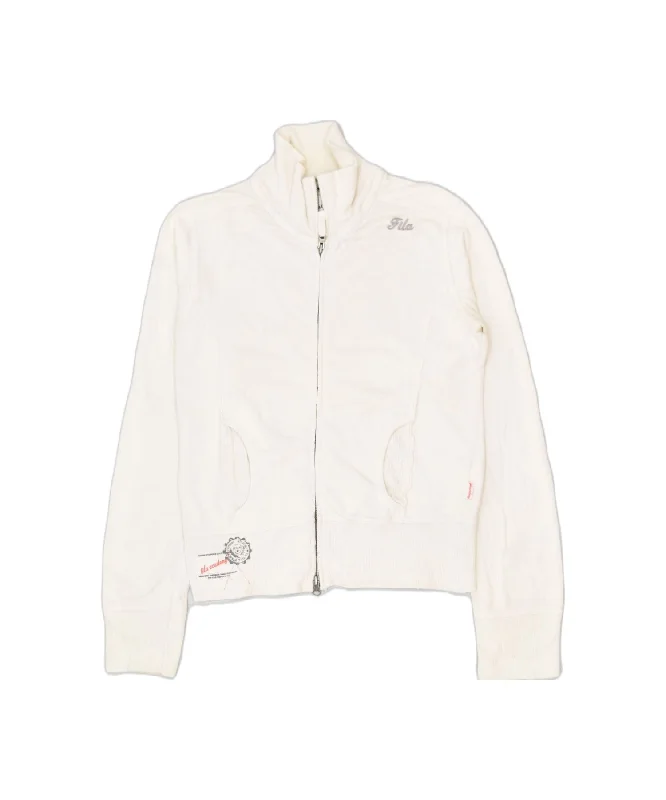 FILA Womens Tracksuit Top Jacket UK 12 Medium Off White Cotton Fleece Jacket Down Jacket Feather Jacket