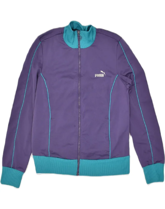 PUMA Womens Tracksuit Top Jacket UK 14 Large  Purple Colourblock Polyester Denim Fabric Leather Fabric Suede Fabric