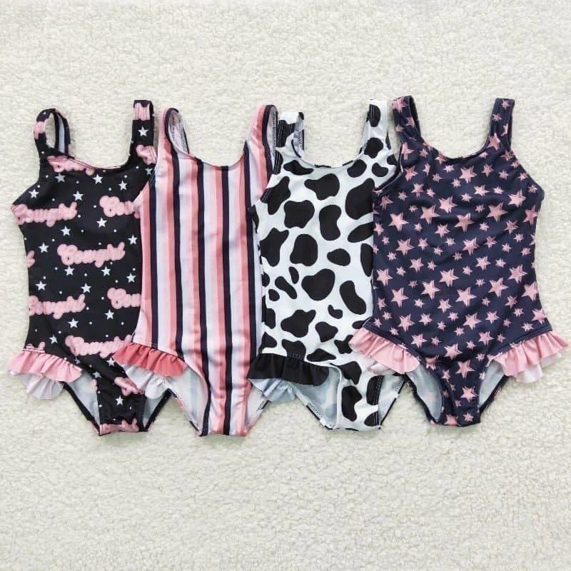 RTS cowgirl star navy blue one-piece swimsuit Cow print one piece swimsuit  Cow print one piece swimsuit Flirty Ruffle Swimsuit