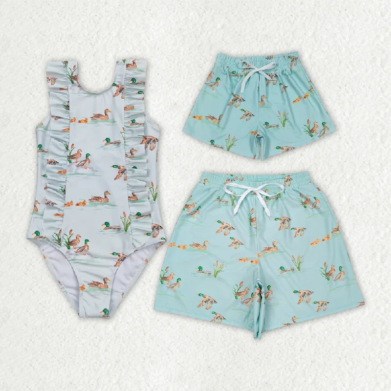 S0265 Duck Light Green Lace One-Piece Swimsuit + S0428 Adult male duck light green swimming trunks Minimalist One-Piece