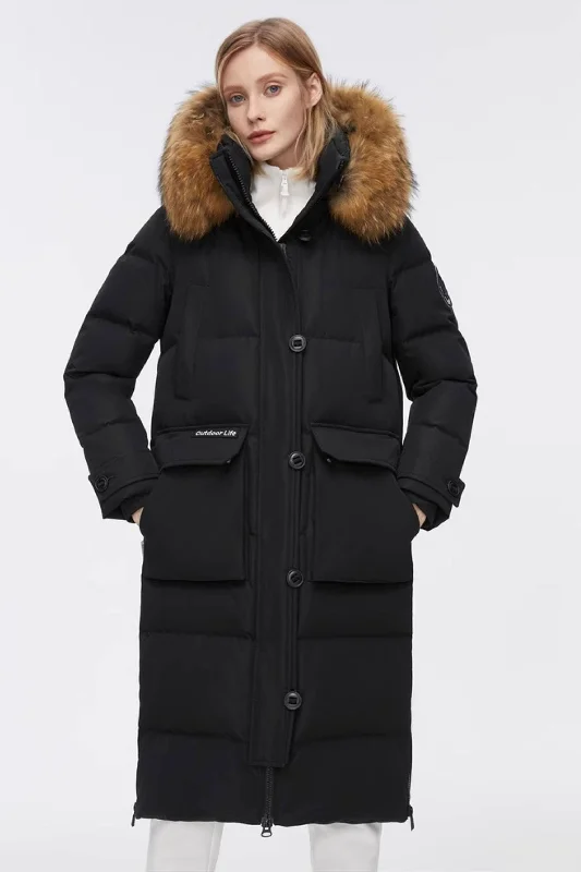 Long Goose Down Jacket With Removable Fur Hood Jacket Blazer Coat