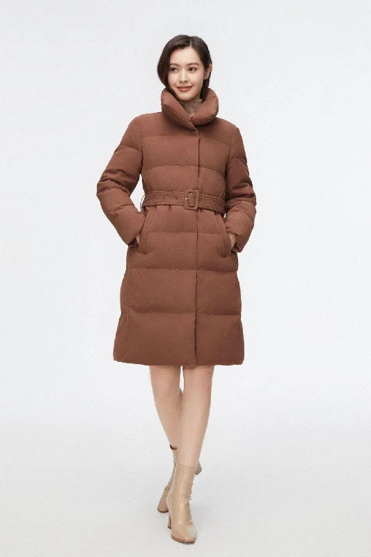 Mid-length Goose Down Jacket With Lapel Notch Collar Peter Pan Collar Cowl Neck