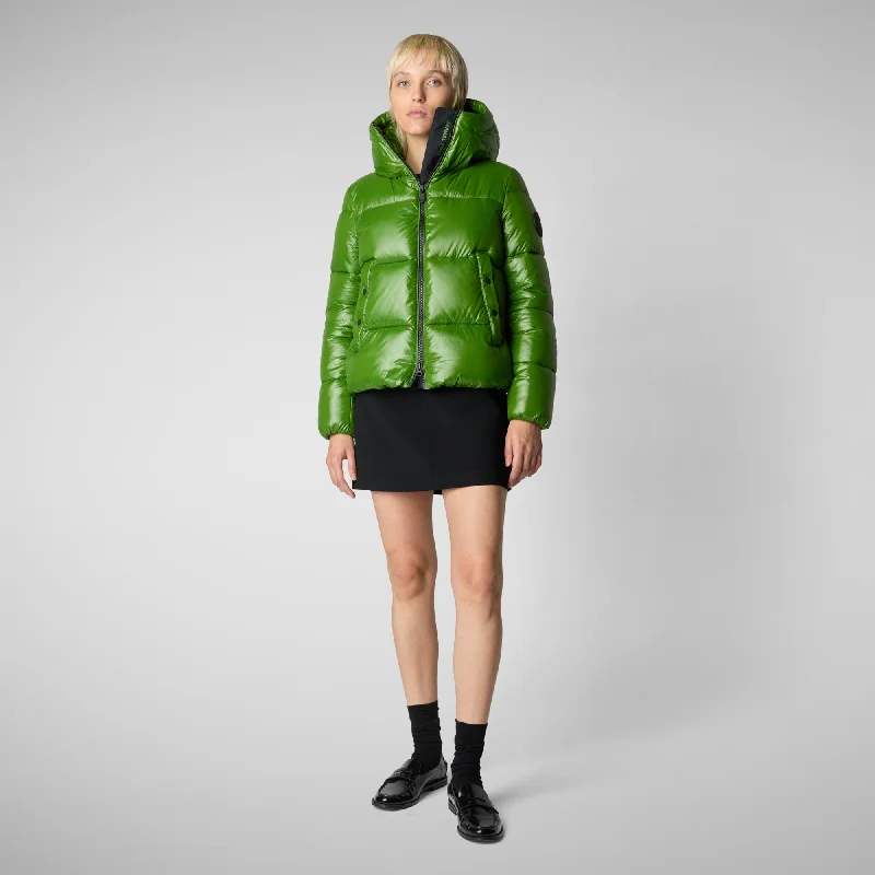 Women's Hooded Animal free Puffer Jacket Biddy in Grass Green Herringbone Jacket Checkered Jacket Solid Jacket