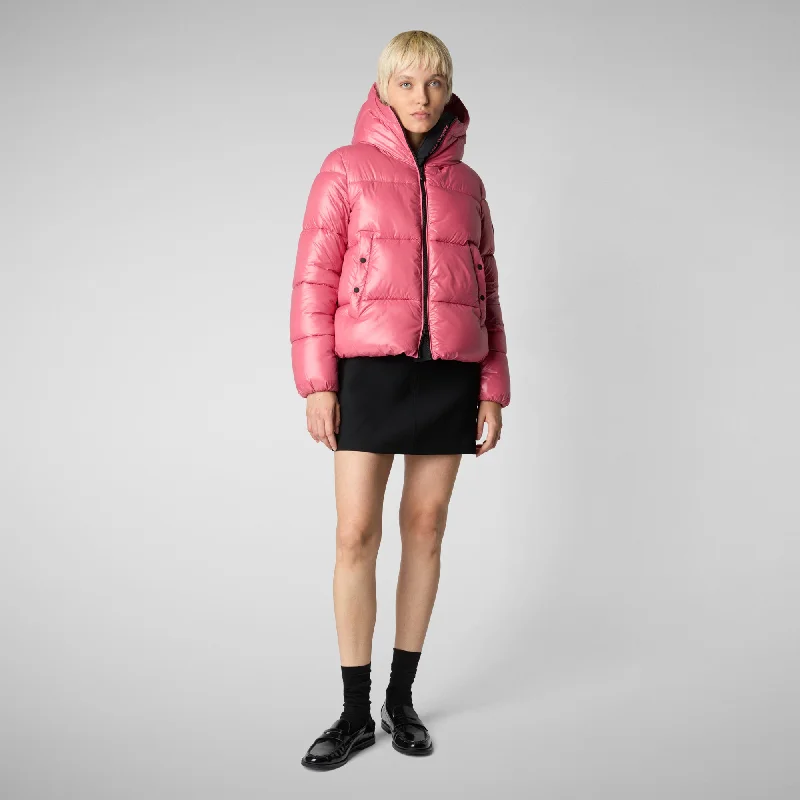 Women's Hooded Animal free Puffer Jacket Biddy in Bloom Pink Welt Pockets Slit Pockets Flap Pockets