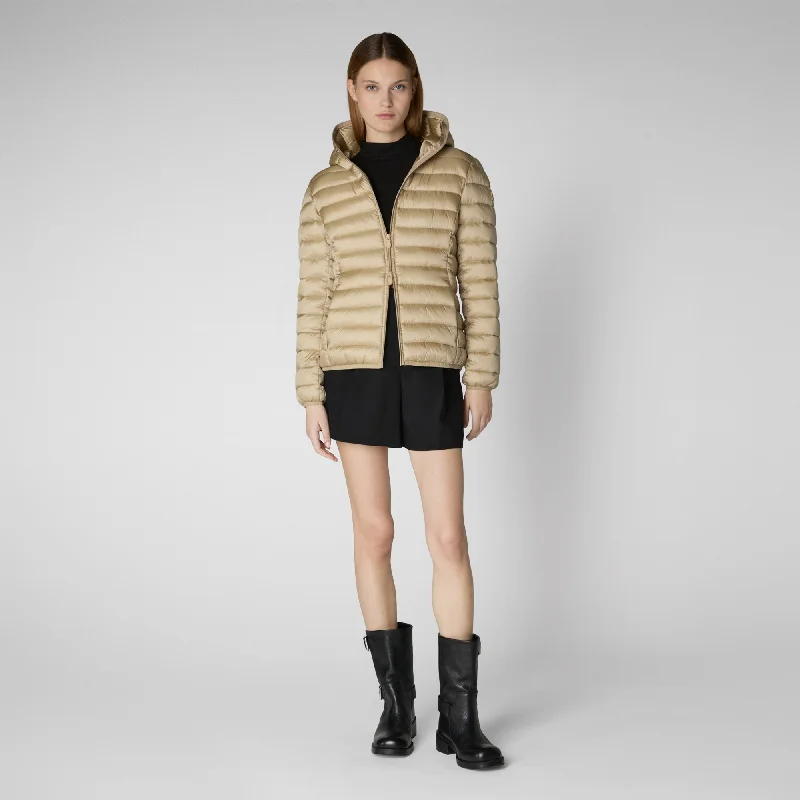 Women's Hooded Animal free Puffer Jacket Alexis  in Wood Beige Hoodie Zip-Up Jacket Button-Up Jacket