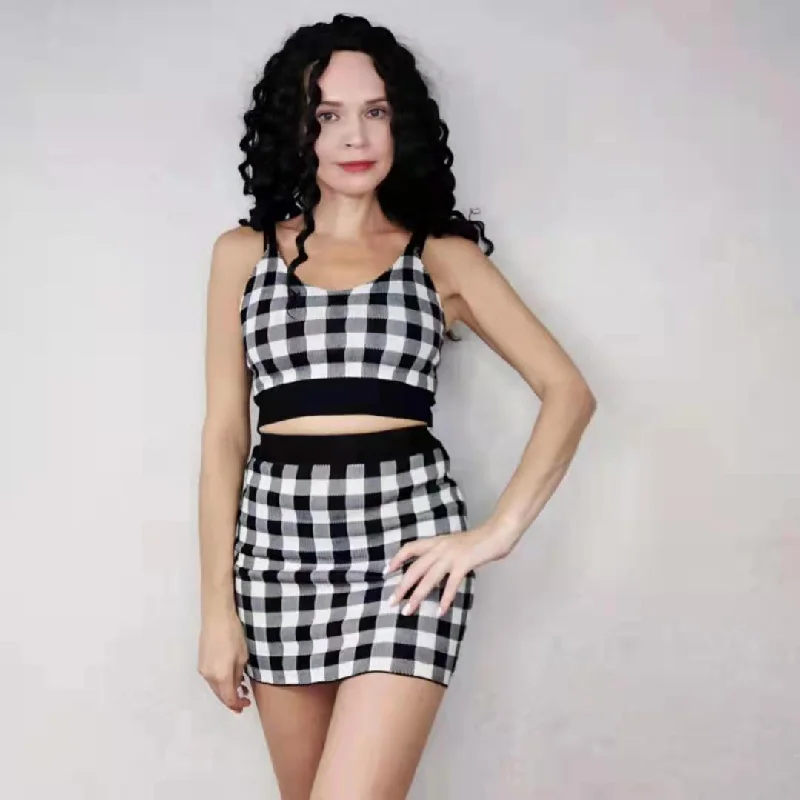 2pcs/set Women's Knit Suit Plaid Camisole Hip Skirt Two-piece Set bodycon Short Skirt Two-piece Women Outfits spandex blend skirt