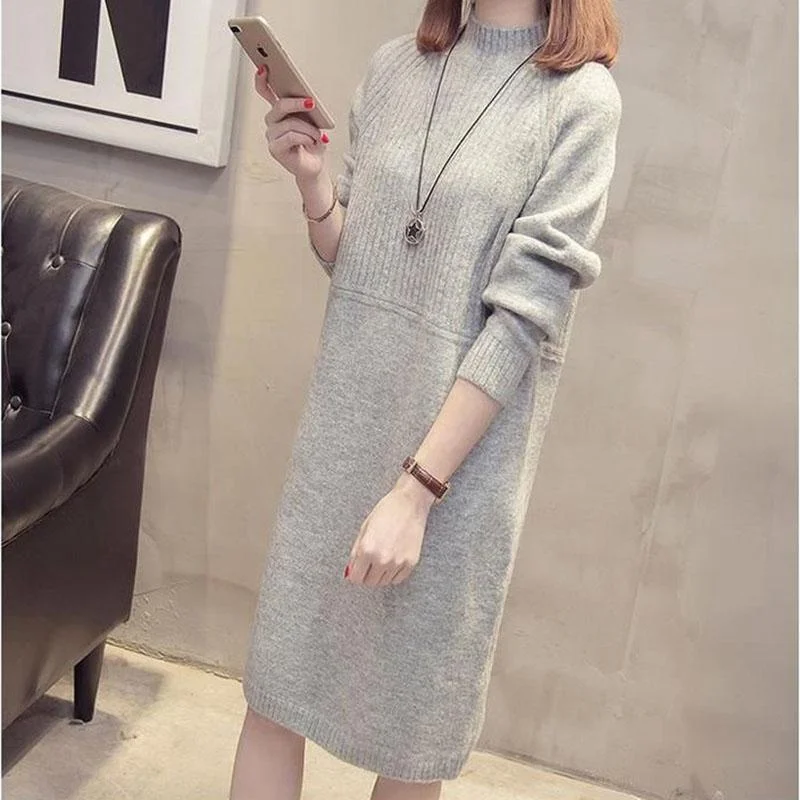 Autumn and Winter Half Turtleneck Sweater Mid-length Loose Solid Color Bottoming Shirt Fashion Casual Sweater Skirt silk skirt luxurious