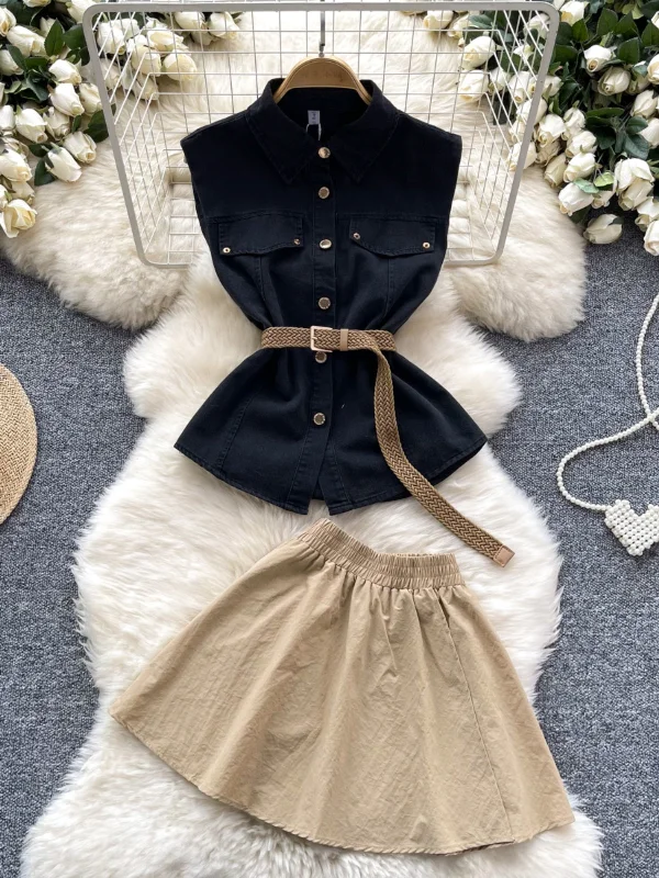 Black Denim Top Beige Skirt Two-Piece Outfit maxi skirt elegant