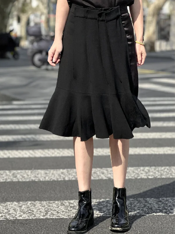 Black Pleated Detail Satin Patch Knee-length Skirt velvet skirt luxury